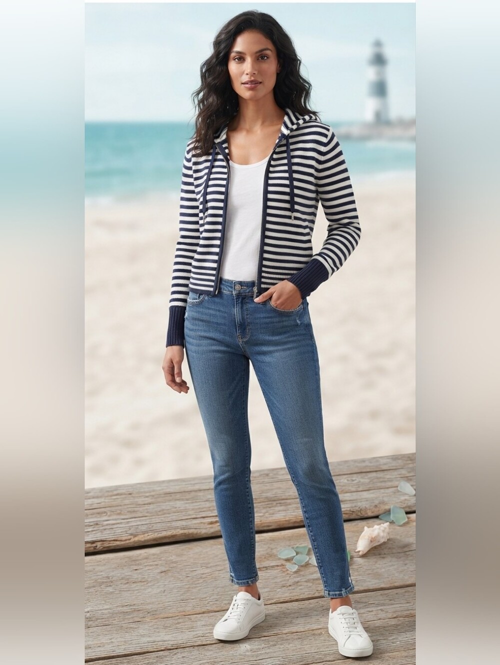 Melloday Striped Full Zip Knit Hoodie Navy Blue White Cropped Sweater Medium M